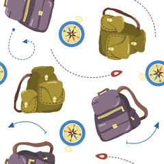 Fototapeta premium Vector seamless pattern with camping luggage. Backpacks and compass image.