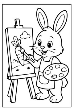 Cute Bunny Painting a Carrot on Canvas with Easel and Palette, Black and White Line Art