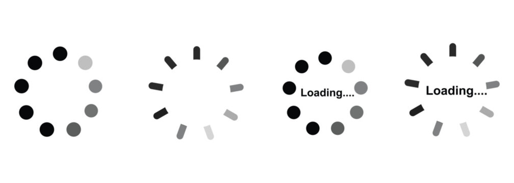 Buffer loading wheel icons collection, circular progress indicator, dotted spinner, and dash loader symbols