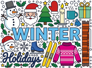 Fototapeta premium Winter Holidays Vector Doodle Collection with Santa Claus and Snowman Icons
