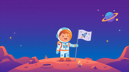 Naklejka premium Cute Kid Astronaut Standing on a Planet with a Flag and Galaxy Background