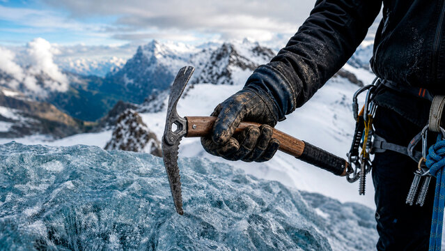 Close-up of a mountaineer holding an ice axe on a glacier. Alpinist with climbing gear and harness in high altitude snowy mountains. Extreme winter sport and adventure concept