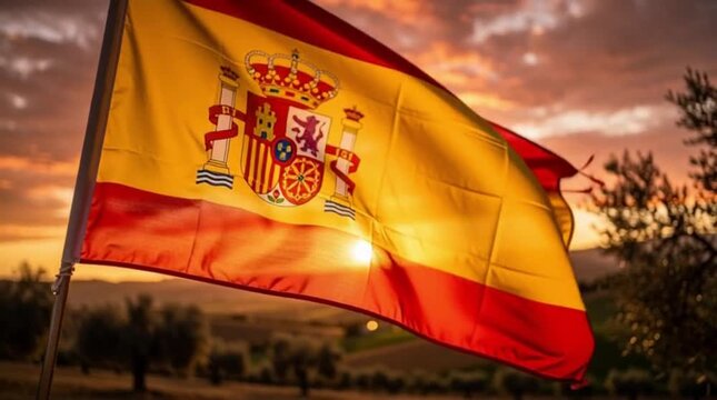 The national flag of Spain waving against a beautiful sunset sky in the countryside.