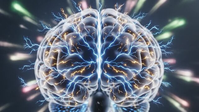 Golden fish oil capsule floating in front of a human brain with electrical neural impulses