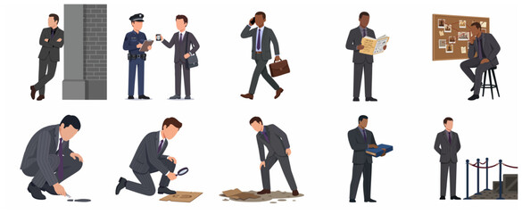 Detective and Private Investigator Character Set in Suit Flat Vector Illustration