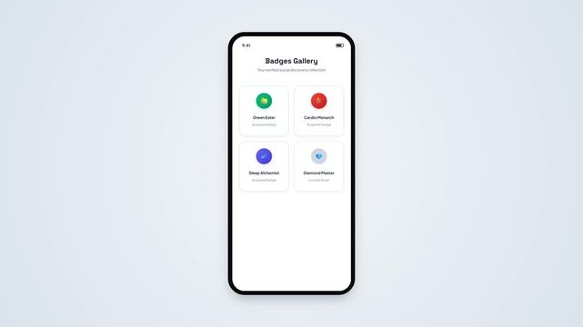Mobile Application User Interface Displaying Interactive Badges Gallery Grid with Achievement Cards