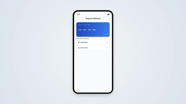 Mobile App Payment Method Interface Design with Credit Card and Wallet Selection Options in Smartphone Mockup Animation