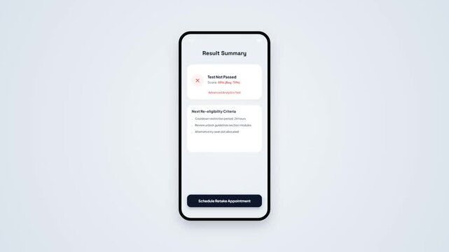 Smartphone App UI Screen Showing Test Not Passed Result Summary with Failed Score Alert and Schedule Retake Appointment Button