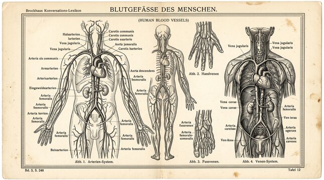 Vintage Anatomical Illustration of the Human Circulatory System showing Arteries and Veins from an Antique German Encyclopedia