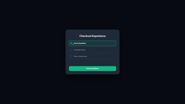 Dark Mode Checkout Experience Survey Form Interface with Radio Button Selection and Submission UI