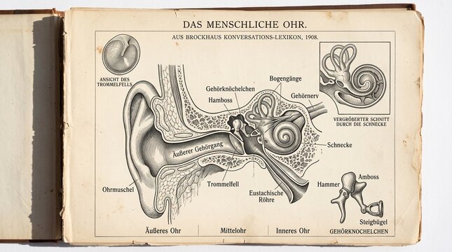 Vintage 1908 German Anatomical Diagram of the Human Ear Anatomy from an Antique Encyclopedia