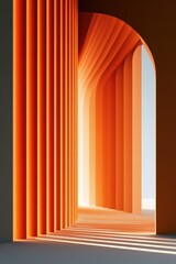 Obraz premium Abstract orange architecture with repeating arches and sunlit minimal interior corridor