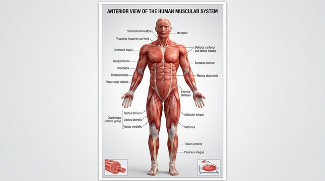 Detailed Diagram Showing the Anterior View of the Human Muscular System with Anatomical Labels