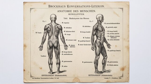 Vintage human anatomy illustration of the muscular system from 1908 Brockhaus Konversations-Lexikon, showing rear and side views with anatomical labels in German.