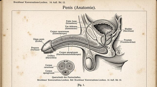 Vintage Anatomical Diagram of Human Penis and Male Reproductive System with Cross-Section