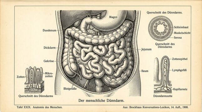 Vintage anatomical illustration of the human digestive system and small intestine, showing stomach, duodenum, jejunum, and ileum details from a 1908 German encyclopedia.