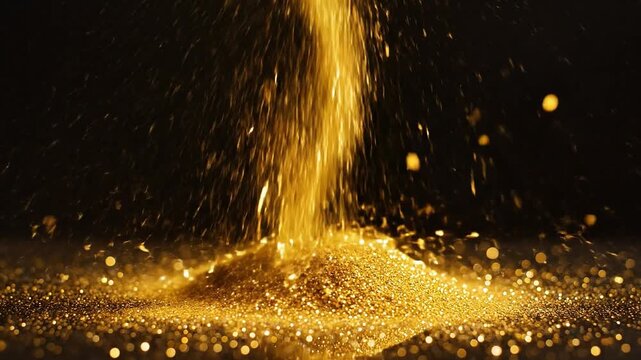Golden glitter stream falling and illuminating a dark background for luxury event concept