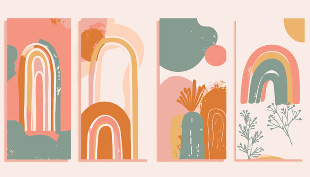 Colorful abstract shapes and rainbows.