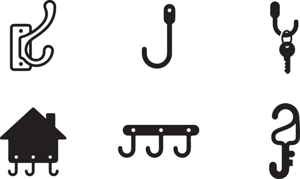 Black minimalist coat hooks and house icon set Vector