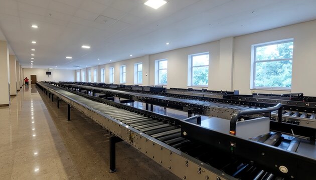 Modern industrial conveyor system in bright factory interior