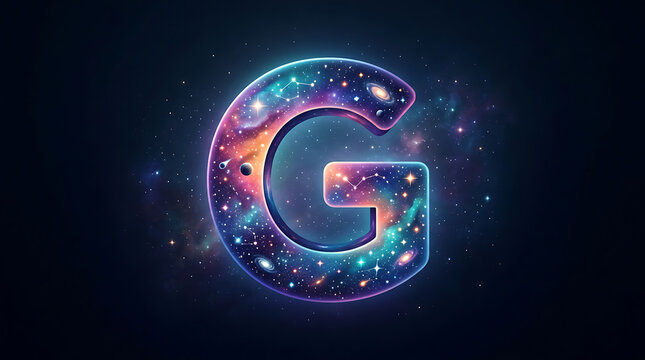 Stylized letter G featuring a vibrant cosmic nebula and glowing star field background.