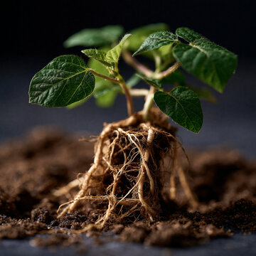 Close up of a small sprouting plant with exposed roots in rich dark soil, seedling