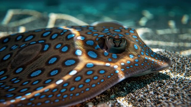 Blue spotted stingray on sandy seabed. Tropical marine life swimming in clear ocean water.