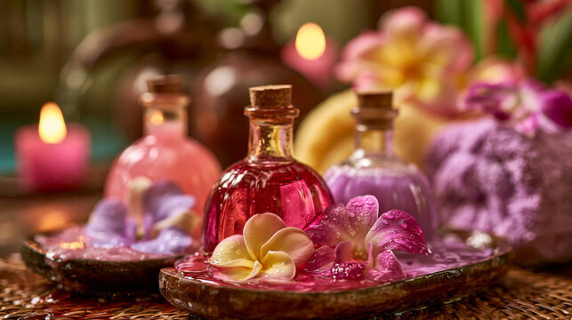 Spa setting with essential oil bottles and tropical flower decorations, essential