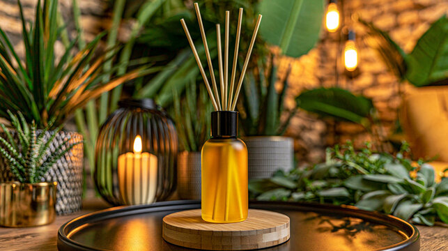 Aromatic reed diffuser on wooden stand surrounded by tropical plants with diffuser