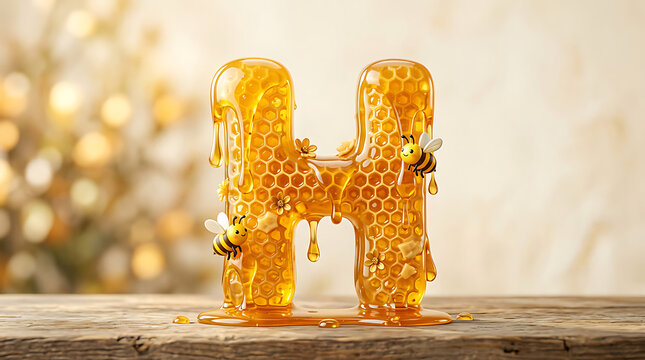 A creative letter H shaped from fresh golden honey with honeycomb texture and little bees.