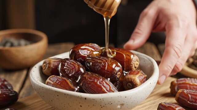 Golden honey drizzling from a wooden dipper onto fresh dried dates in a ceramic bowl