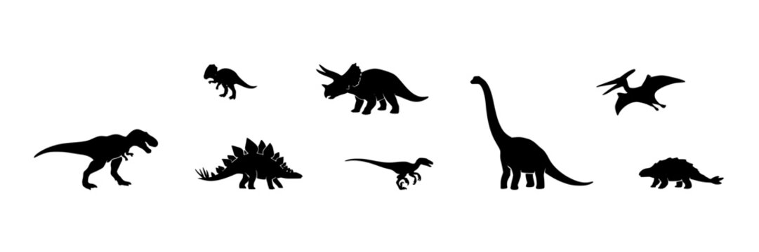 Dinosaurs in Various Poses and Styles as Black Silhouettes on a White Background Featuring Prehistoric, Creatures, Fossils