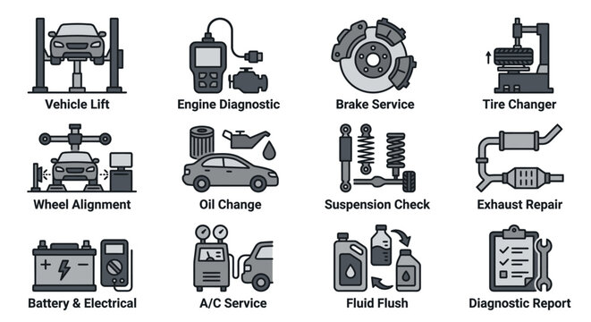 Collection of Automotive Repair and Maintenance Service Icons.