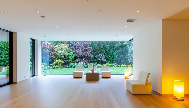 Modern living room with large glass doors and garden view