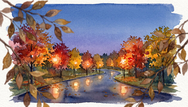 Hidden Twilight Autumn Road Beneath Crimson Trees Watercolor Landscape Illustration