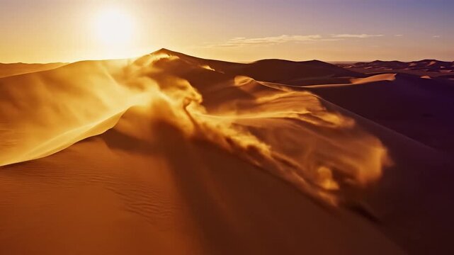 Golden hour sunlight illuminates windblown sand over vast desert dunes in a dry environment