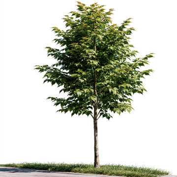 Single deciduous green tree isolated on white background for architectural use