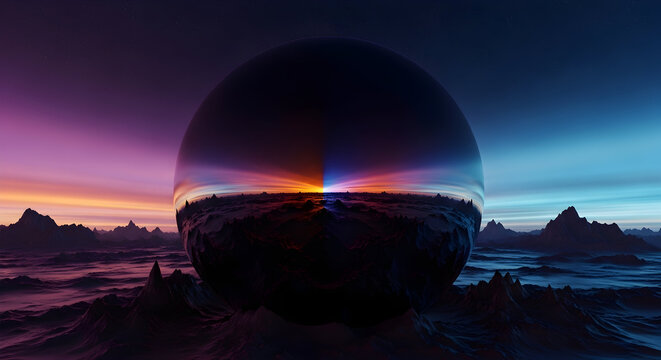 Surreal alien landscape with glowing egg shaped object at sunset