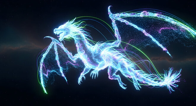 Luminous blue and green dragon made of light trails