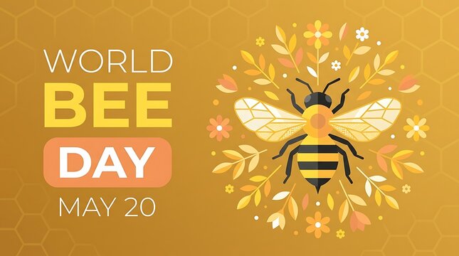 World bee day banner design with a yellow honey bee and floral elements