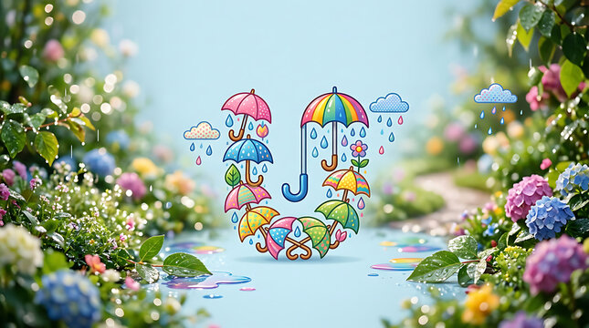 Letter U formed by colorful umbrellas with rain and flowers in a garden background.