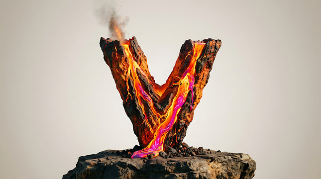 A creative letter V shaped like a volcanic eruption with flowing lava and smoke.