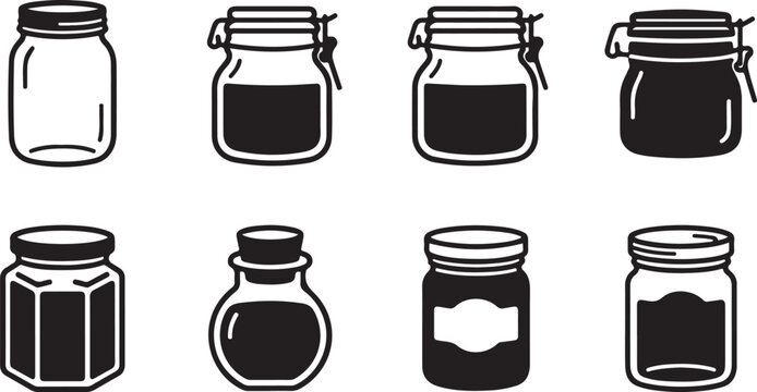 Eight jars of different liquids with various jar styles and lids Vector