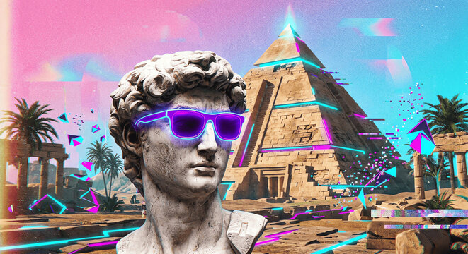 Busto de marmore grego com oculos neon em cenario vaporwave surreal com piramide e arte glitch