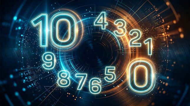 Glowing numbers in circular countdown on digital background