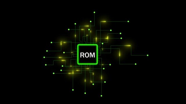 Digital rom memory chip concept with glowing green circuit board lines and data flow connections on a deep black background, for high-tech computing, information technology, and, hardware engineering