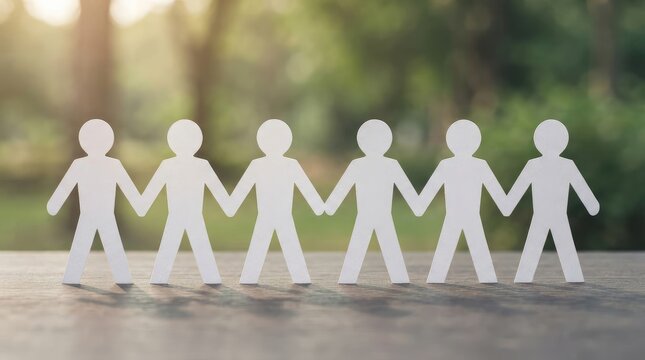Group of paper figures holding hands together in unity outdoor setting with evoking themes unity collaboration serene outdoor environment blurred natural background