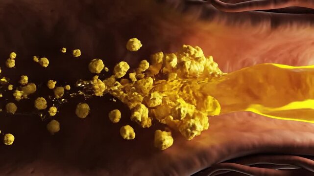 Golden oil washing away yellow cholesterol plaque in an artery for cardiovascular health