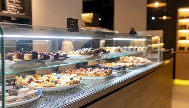 Fresh pastries and desserts in a bakery display case