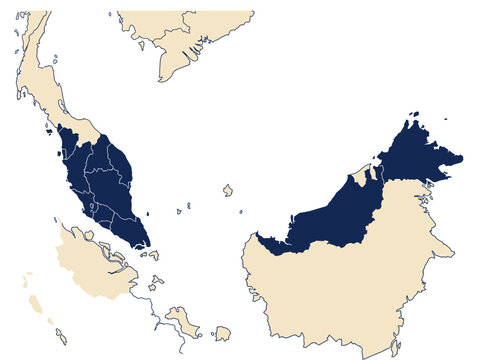 Malaysia Map Vector Highlighting Peninsula Malaysia, Sabah, and Sarawak